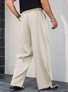 Manfinity Roghcode 男士黑色高腰百褶阔腿裤带腰部装饰配件，时尚百搭高腰裤阔腿裤百褶裤奶油色裤子宽松裤秋季 - 米色 - 查看 2
