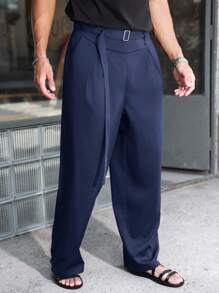 Manfinity Roghcode 男士黑色高腰百褶阔腿裤，腰带装饰，时尚百搭款式男士阔腿裤男士高腰裤海军蓝裤子男士束腰裤男士百褶裤，秋季 - 藏蓝色 - 查看 5