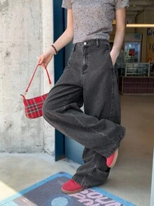 DAZY Blugi de damă coreeni, spălați, casual, de lungime medie, cu picior drept