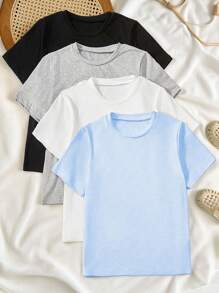 Sparklyn Teen Girl 4pcs Solid Color Crewneck Short Sleeve Casual T-Shirts, Summer Basic Topholiday,Summer,Travel,Getaway, School, Campus, College - Multicolor - View 7