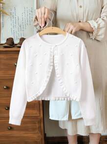 SHEIN Vintaside Kids Tween Girl Frill Trim Open Front Cute Cardigan With Long Sleeves - White - View 9