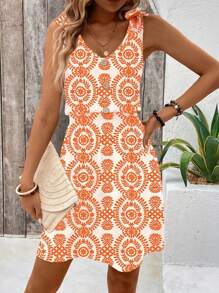 Breezaya Women's Summer Vacation All Over Printed Button Elastic Waist Tie-Front Wrap Dress - Orange - View 6