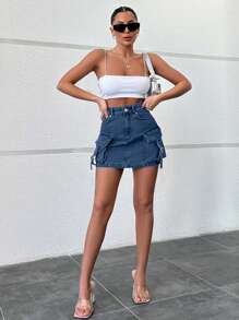 EURMUSE Women's Utility Pocket Casual Short Denim Mini Skirt - Teal Blue - View 4