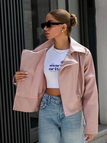 EURMUSE Faux Leather Jacket With Snap Button Front, Pink, Street Style - Pink - View 1