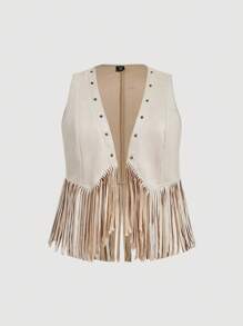 SHEIN MOD Plus Size Women's Solid Color Sleeveless Faux Suede Fringe Hem Casual Jacket, Resort Wear,Fall Women, Women,Rave Festival,Concert Women,70S,Vintage,Renaissance,Fall Jacket,Going Out Winter Autumn