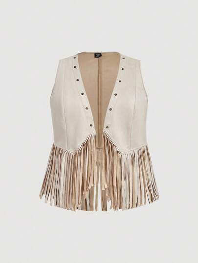 SHEIN MOD Plus Size Women's Solid Color Sleeveless Faux Suede Fringe Hem Casual Jacket, Resort Wear,Fall Women, Women,Rave Festival,Concert Women,70S,Vintage,Renaissance,Fall Jacket,Going Out Winter Autumn