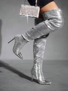 CUCCOO SZL Giày bốt cao đến đầu gối bóng chắp vá sequin cho nữ, thời trang, cổ điển, đa năng cho đi làm, hẹn hò, tiệc tùng, ngày lễ - Bạc - Xem 6