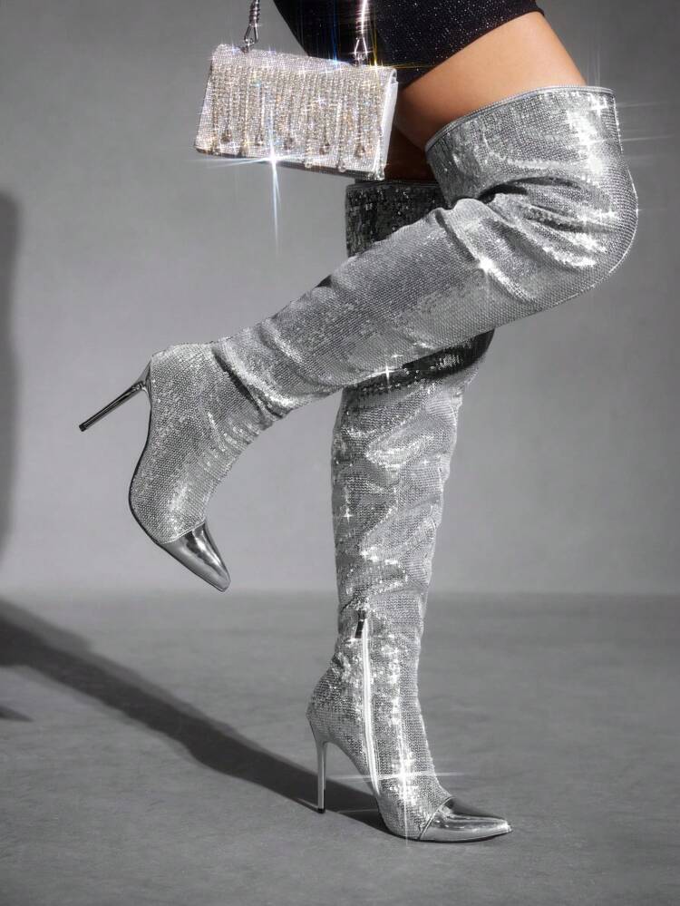 CUCCOO SZL Botas Cano Alto com Lantejoulas para Mulheres, Retalhos Brilhantes, Moda Clássica e Versátil para Ir e Voltar do Trabalho, Encontros, Festas, Férias