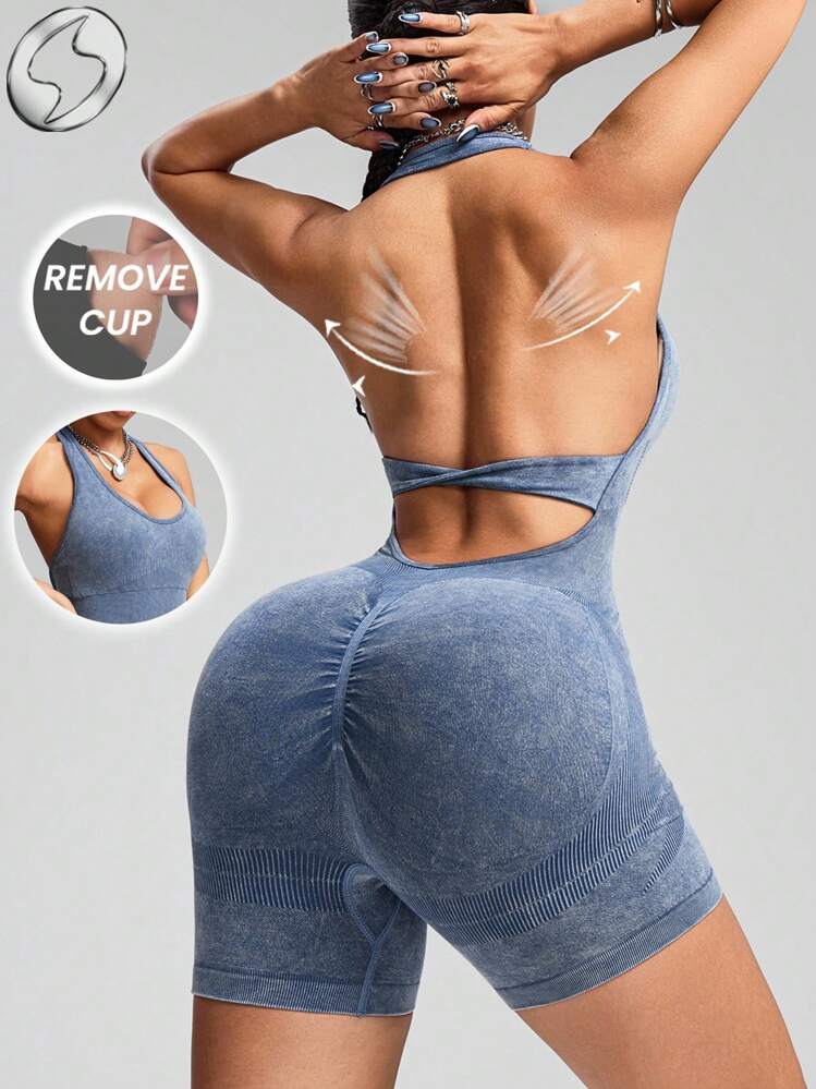 Innovista Women's Blue Summer Tie Dye Seamless Workout Jumpsuit With Built-In Bra,Athleisure Gym Romper,Tummy Control Yoga One Piece Exercise Suit,Y2k Romper - Blue - View 9