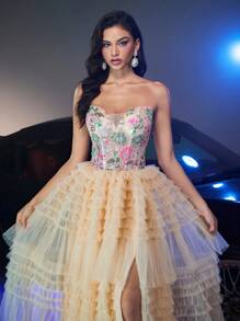 Glamrae Váy xẻ tà gợi cảm nhiều màu ren thêu sequins hoa xếp lớp xếp nếp viền lớn sang trọng thanh lịch, thích hợp cho đám cưới, tiệc tùng, vũ hội, kỳ nghỉ, tiệc tối (được trang trí nhiều) - Màu Khaki - Xem 1