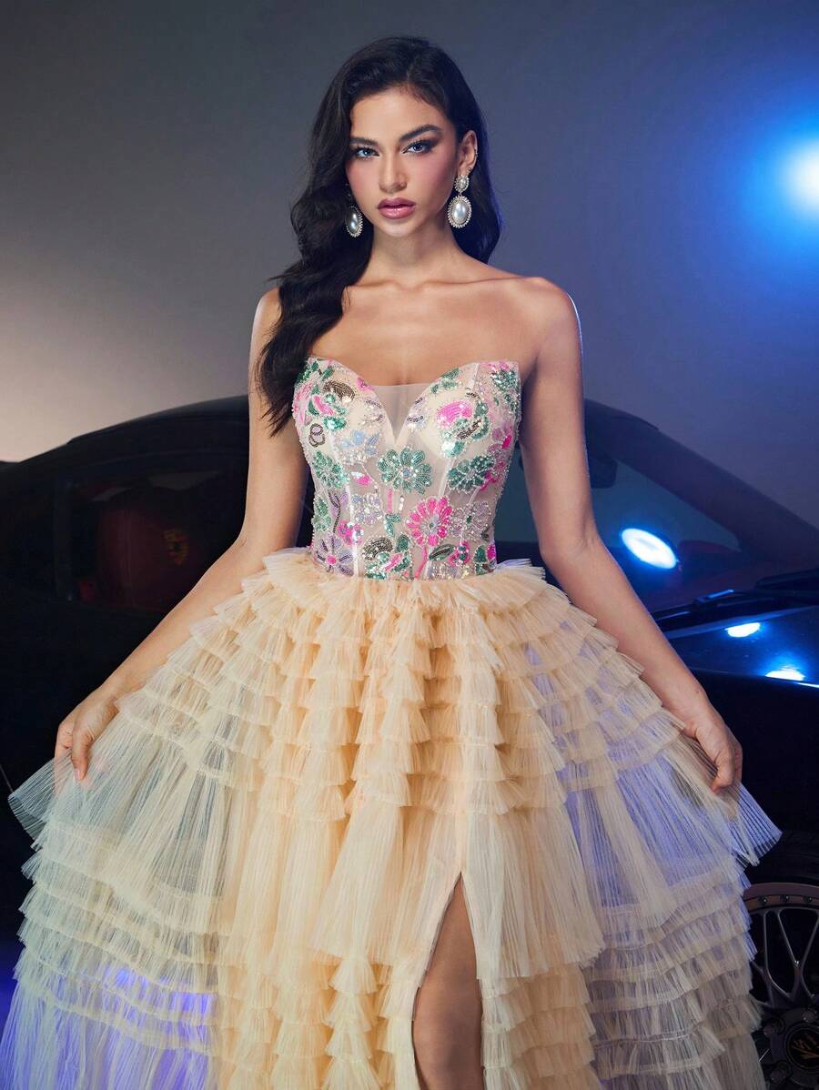 Glamrae Váy xẻ tà gợi cảm nhiều màu ren thêu sequins hoa xếp lớp xếp nếp viền lớn sang trọng thanh lịch, thích hợp cho đám cưới, tiệc tùng, vũ hội, kỳ nghỉ, tiệc tối (được trang trí nhiều) - Màu Khaki - Xem 1