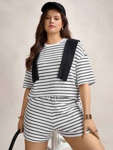 Zelara Plus Size Women's Black And White Summer Striped Crew Neck Drop Shoulder T-Shirt & Shorts 2 Pieces Casual Set,Smart Casual Vacation Outfits Rompers - Black and White - View 1
