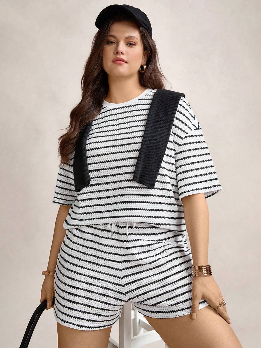 Zelara Plus Size Women's Black And White Summer Striped Crew Neck Drop Shoulder T-Shirt & Shorts 2 Pieces Casual Set,Smart Casual Vacation Outfits Rompers - Black and White - View 1