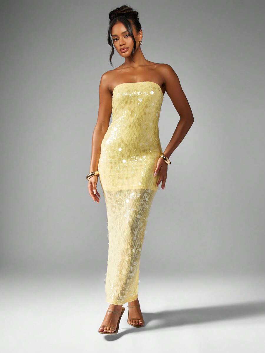 MISSGUIDED Đầm dạ hội cột sequin không quai, váy maxi dài trang trọng bó sát, lấp lánh, dự tiệc cưới, dự tiệc đặc biệt, dài đến sàn, xẻ sau lưng - Màu vàng - Xem 1