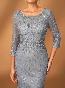 Serin Dusty Blue Summer Formal Elegant Evening Formal Wedding Dress,Luxury Embroidered Lace Rhinestone Pearl Sheer Long Sleeve Mermaid Bridal Mother Gown - Army Green - View 2