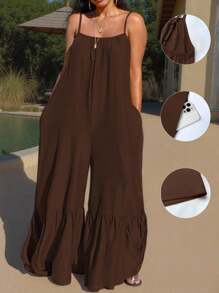 INAWLY 女式纯色褶皱口袋阔腿连体裤，时尚休闲，适合夏季 - 棕色 - 查看 1