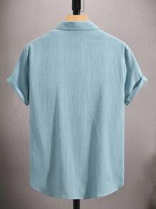 Manfinity Homme 男士休闲纯色短袖衬衫，夏季男士休闲短袖衬衫淡蓝色男士衬衫男士衬衫夏季浅蓝色衬衫男士亚麻衬衫，老钱风格 - 青碧色 - 查看 2