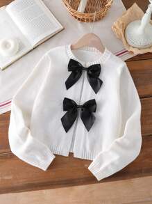 SHEIN Sparklyn 女童时尚手工蝴蝶结针织开衫，长袖 - 白色 - 查看 3