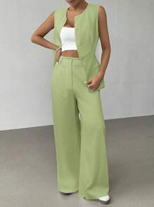 SHEIN EZwear Women's Spring/Summer Lime Green Linen Casual Vest And Wide-Leg Pants 2 Pieces Set In Fall/Winter - Lime Green - View 5