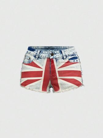 ROMWE Avant Damen Sommer Street Fashion Lässig Vintage Heißes Mädchen Britische Flagge Muster Denim-Shorts mit Rohem Saum