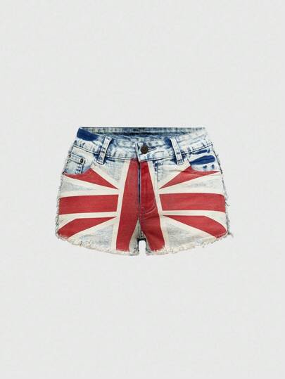 ROMWE Avant Pantalones cortos vaqueros de verano de estilo callejero informal y vintage con estampado de bandera británica y orilla deshilachada para mujer