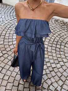 Siren Gaze Herbst 2025 Neu! Frauen Herbstkleidung im Stil von "Old Money" - Business Lässig Blaue Denim Bandeau Jumpsuit mit Rüschen-Saum an den Schultern, Lehrerin Outfits für Frauen Rückkehr zur Schule Arbeitsweg Alltags-Tragen Jumpsuit, Lässiger Jumpsuit mit langem Rüschensaum für Büro & Alltag - marineblau - Übersicht 3