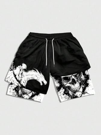 Anime Kurze Hosen in Große Größen für Damen mit Tiermuster, Kordeltaille und Lage-Optik