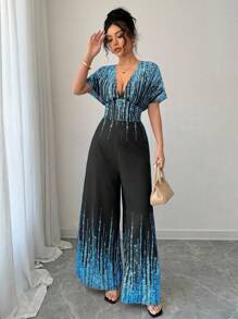 Chiquease V领蝙蝠袖撞色印花阔腿连体裤，适合大学穿着 - 藍色 - 查看 6