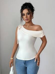 Elenzga Women's Elegant Apricot Oblique Shoulder Fitted T-Shirt With Bowknot Decor