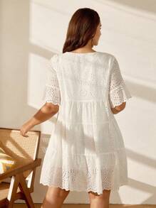 SHEIN LUNE Vestito estivo in taglia oversize con arricciatura, orlo con rouches e ricami traforati