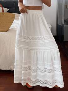 Livesso 秋季女士纯色宽松撞色蕾丝松紧腰休闲度假A字裙