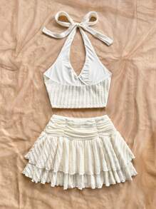 Soleia 女士度假两件套 - 纹理米色露背领口系带短款上衣和分层荷叶边迷你裙，适合派对、约会、下午茶 - 杏色 - 查看 2