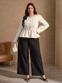 Chikora 大码女式荷叶边下摆时尚休闲夹克，百搭外套 - 杏色 - 查看 5