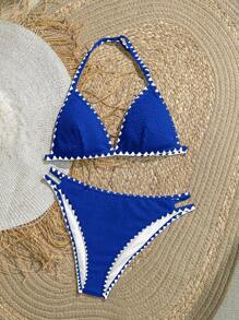SHEIN 少女白色针织纹理蓝色贝壳图案工艺，夏季沙滩锁边三角比基尼套装，沙滩装泳衣夏季，夏季沙滩 - 藍色 - 查看 5