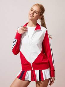 CourtClass Áo khoác thể thao in họa tiết sọc Colorblock thường ngày dành cho nữ - Đỏ - Xem 3