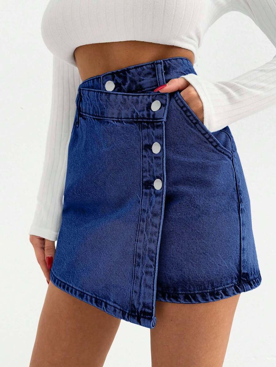 EURMUSE WOMEN MINI SKIRT MEDIUM WASH BUTTON DETAIL - Dark Wash - View 1