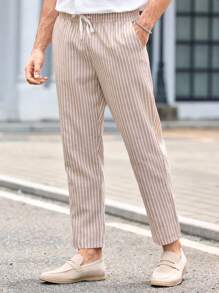 Manfinity VCAY 男士休闲梭织条纹松紧腰七分裤男条纹亚麻裤男条纹裤男夏季裤子男亚麻长裤细条纹裤男亚麻裤男夏季裤子男长裤 - 杏色 - 查看 4