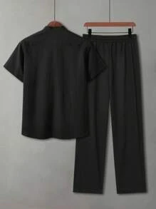 Manfinity Homme 男士立领黑色短袖衬衫和裤子套装，时尚现代，休闲装，成熟休闲通勤和度假装，送给丈夫或男朋友的礼物，情侣装，舒适装 - 黑色 - 查看 3