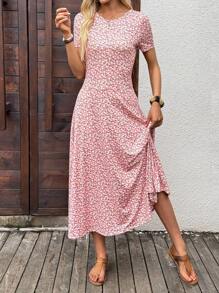 SHEIN LUNE 女式夏季假日碎花圆领短袖连衣裙 - 粉色 - 查看 6