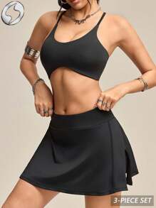 Innovista 女士纯色长袖无袖上衣、露脐背心和短裙运动套装，女士运动网球套装，露脐运动上衣、运动文胸和短裙短裤，运动风格必备搭配健身服，适合从办公室到球场、早午餐到健身房等各种场合，两件套多功能运动休闲服，适合全天候穿着，Tenniscore 运动弹力运动套装，防紫外线，透气，实用时尚，优雅套装 - 黑色 - 查看 9