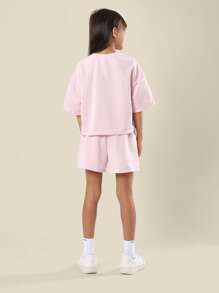 SUMWON 水钻字母印花套装 短款上衣 高腰短裤 休闲夏季休闲套装 - 粉色 - 查看 2