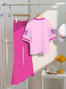 Set de 2 piezas con top de manga corta de cuello redondo y pantalón acampanado con diseño gráfico minimalista de estilo 'athleisure' con patrón 25, adecuado para moda de verano, estilo de los 80s, para chica joven