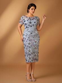 Serin 大码夏秋季优雅华丽灰色亮片刺绣圆领短袖褶皱裹身中长款连衣裙，适合晚宴、约会、音乐节、舞蹈、假日、婚礼、新娘母亲礼服、婚礼宾客礼服，优雅情人节款。 - 灰色 - 查看 3