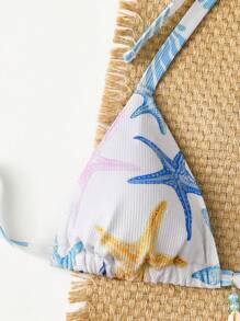 Swim Mod Plus Size Women's Starfish & Shell Print Triangle Halter Bikini Top For Summer Beach Vacation - Multicolor - View 7