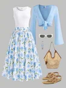 3 件套休闲青少年/年轻女孩秋季长袖上衣，简约白色背心，优雅花卉印花迷你裙，度假乡村风格，小巧 - 淺藍色 - 查看 1