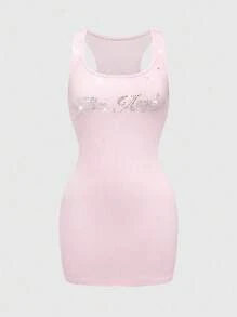 ROMWE Grunge Punk Vestido Camisole de Pescoço de Tripulação com Slogan de Strass Estilo Punk Sexy, Comprimento Mini, Rosa - Rosa chiclete - Visão 1