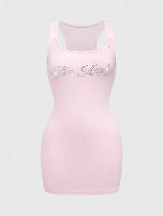 Grunge Punk Sexy Punk-Stil Strass Slogan Rundhals Trägerkleid, Mini-Länge, Pink