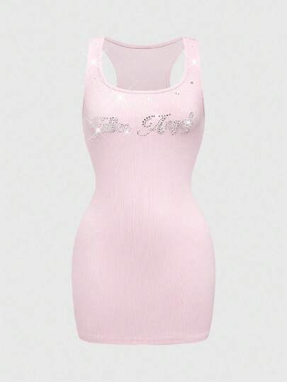 Grunge Punk Vestido camiseta cuello tripulación con cristales eslogan estilo punk sexy, mini longitud, rosa