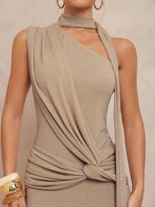 Lumalex 女式扭花领单肩鱼尾修身闪亮超长连衣裙 - 卡其色 - 查看 7