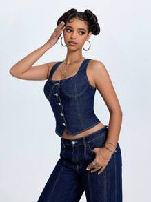 Jeanoix 大码女装夏季新款U领高腰牛仔背心夹克 - 藍色 - 查看 3